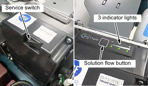 ec-H2O module with the service switch, the three indicator lights and the solution flow button labeled