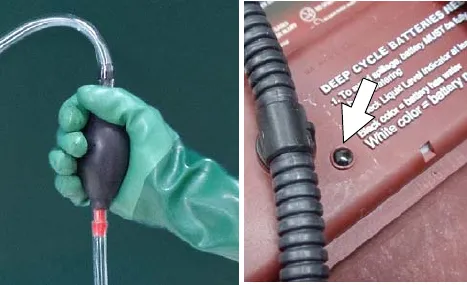 Squeezing the pump bulb, and a level indicator on the battery cover