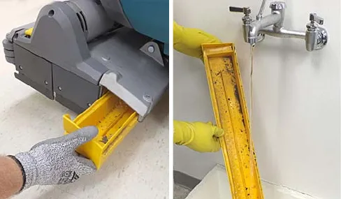 Sliding out the yellow debris trough and rinsing it