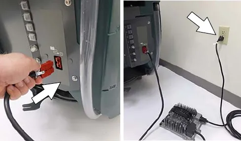 Connecting the off-board charger DC cord to the machine receptacle and the AC cord to a wall outlet