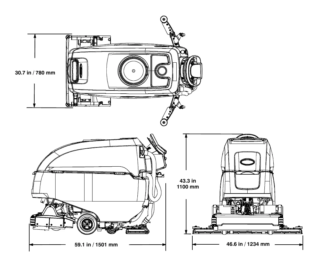 Top, side and rear drawings of the cylindrical brush model with its dimensions