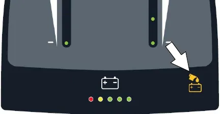 Control panel with an arrow pointing at the automatic battery watering indicator