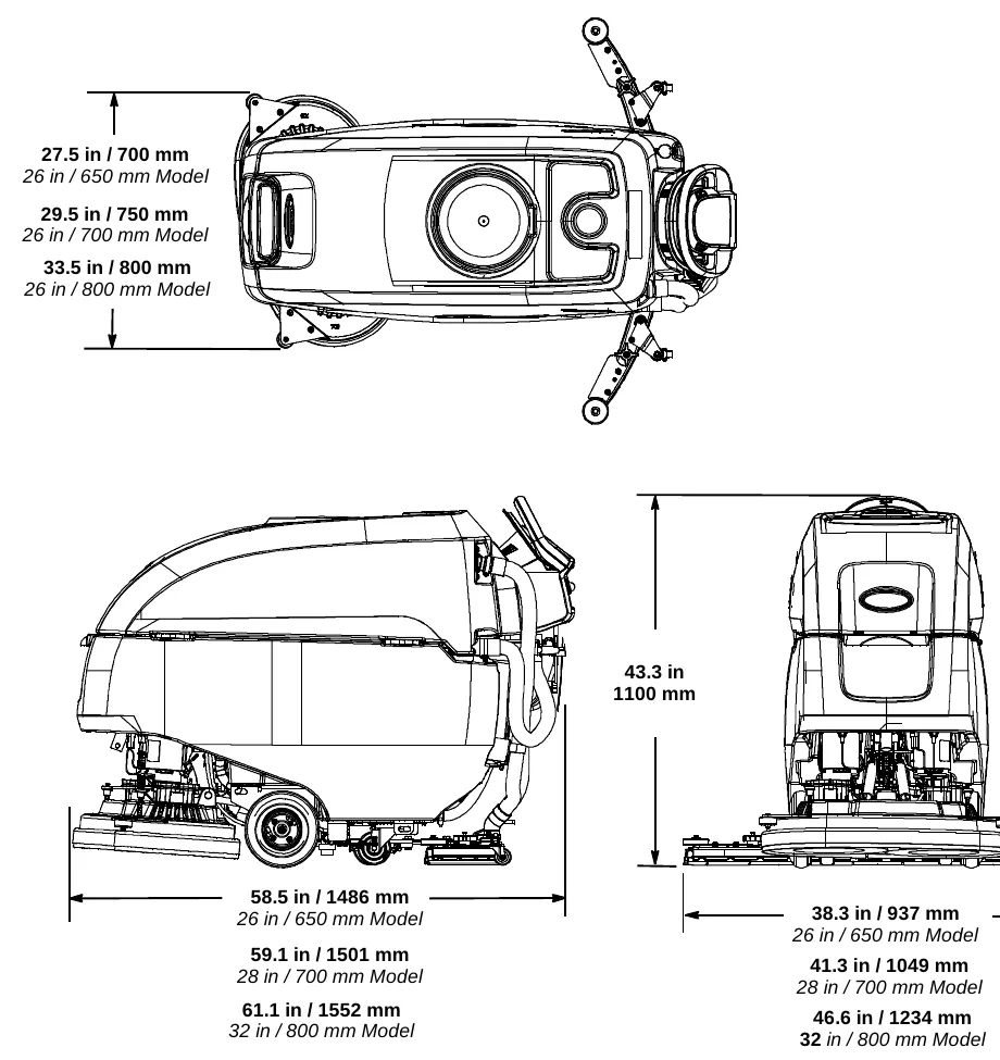 Top, side and rear drawings of the dual disk model with width, length, height and squeegee width dimensions