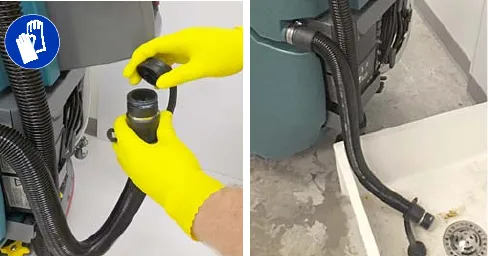 Removing the drain hose cap and draining the recovery tank into a floor drain; protective gloves symbol