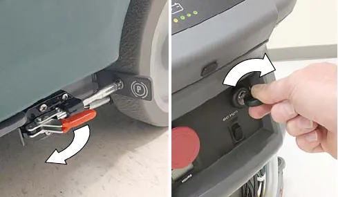 Releasing the parking brake lever and turning the key on