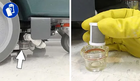 Solution tank filter location under the machine and the filter screen removed from its bowl