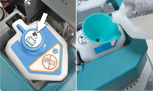 Two views of the ABW tank being filled with distilled water through a funnel
