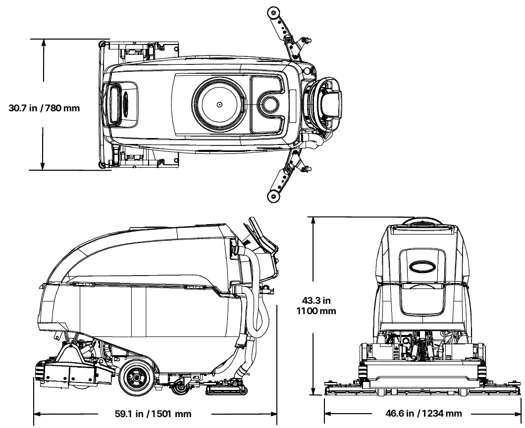 Cylindrical brush model dimension drawings: top view width 30.7 in (780 mm), side view length 59.1 in (1501 mm), rear view height 43.3 in (1100 mm) and squeegee width 46.6 in (1234 mm)