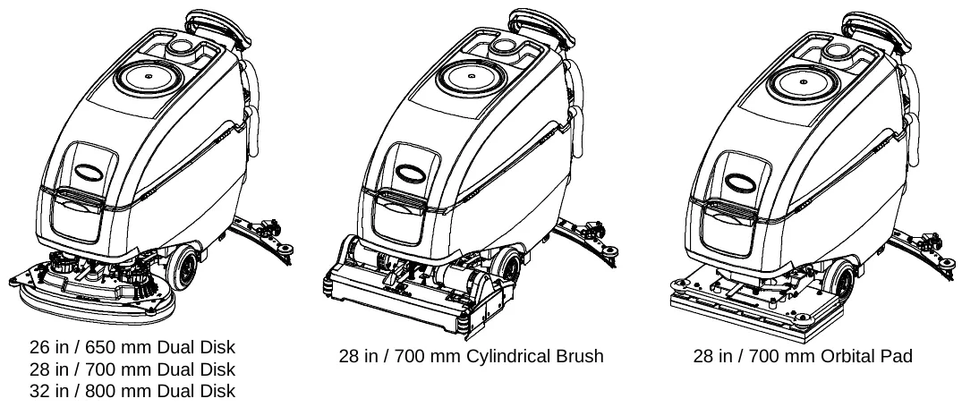 Three Speed Scrub 500 scrub head types: dual disk, cylindrical brush and orbital pad