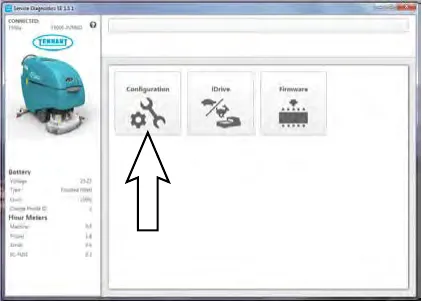 Service Diagnostics main screen with an arrow pointing to the Configuration button