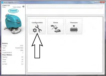 Service Diagnostics main screen with an arrow pointing to the Configuration button