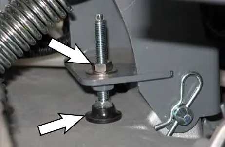 Arrows pointing to the hex screw and the leveler screw on the scrub head pivot