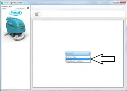 Service Diagnostics screen with an arrow pointing to an open drop-down menu of hardware settings