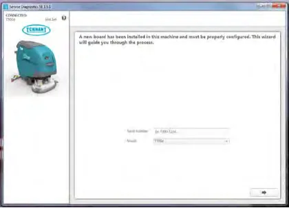 Service Diagnostics wizard screen with model and serial number fields and an arrow button