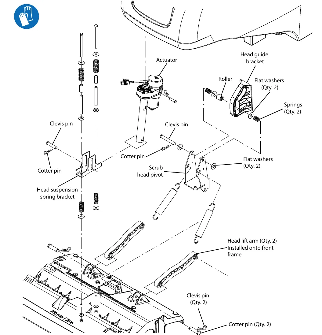 Exploded drawing of the cylindrical scrub head: actuator, head suspension spring bracket, scrub head pivot, head guide bracket with roller, springs and flat washers, two head lift arms and the clevis and cotter pins that hold them