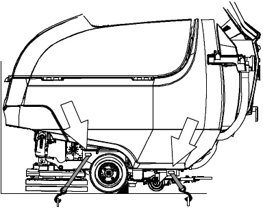 Side view of the machine with arrows and tie-down straps at the front and rear tie-down brackets on the frame