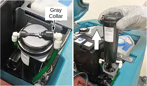 Gray collar on a hose connector at the top of the cartridge, and the cartridge being lifted out