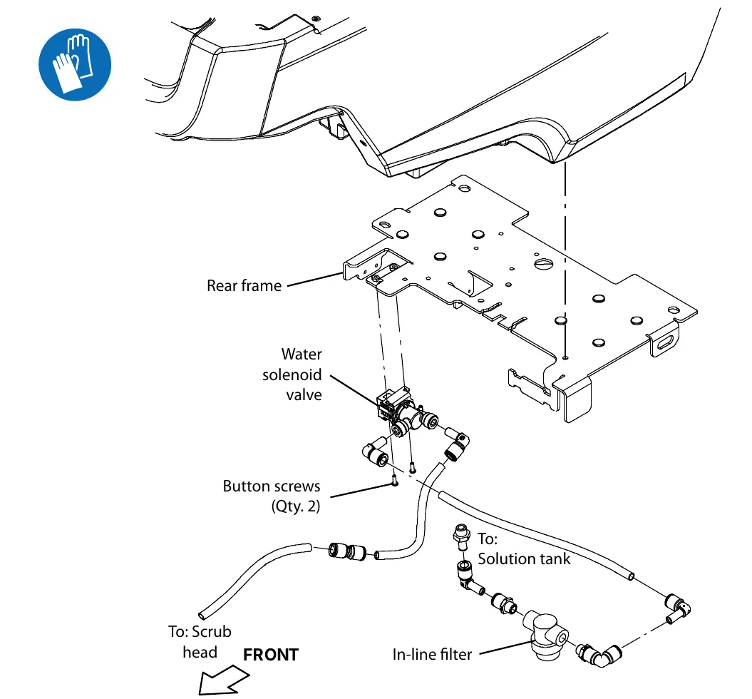 Exploded drawing of the water solenoid valve on the rear frame with two button screws, the hose to the scrub head, the hose to the solution tank and the in-line filter
