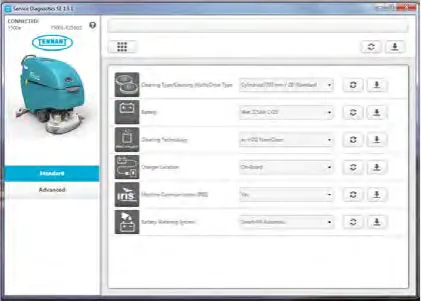 Service Diagnostics configuration screen with drop-down menus for each machine option