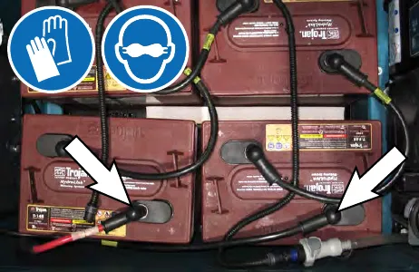 Arrows pointing to the battery cable connections at the batteries, with gloves and eye protection symbols