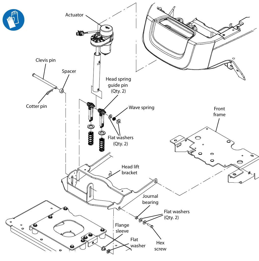 Exploded drawing of the orbital scrub head: actuator, spacer, clevis and cotter pins, head spring guide pins with wave spring and flat washers, head lift bracket, journal bearing, flange sleeve, flat washer and hex screw, and the front frame