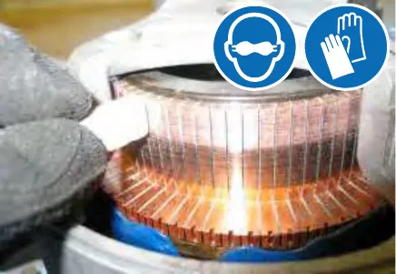 Gloved hand cleaning the commutator; safety glasses and gloves symbols shown