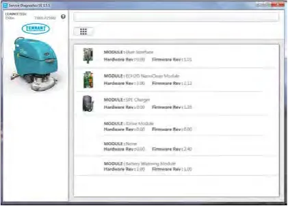 Service Diagnostics screen listing each control module with its hardware and firmware revision