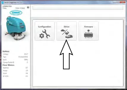 Service Diagnostics main screen with an arrow pointing to the iDrive button