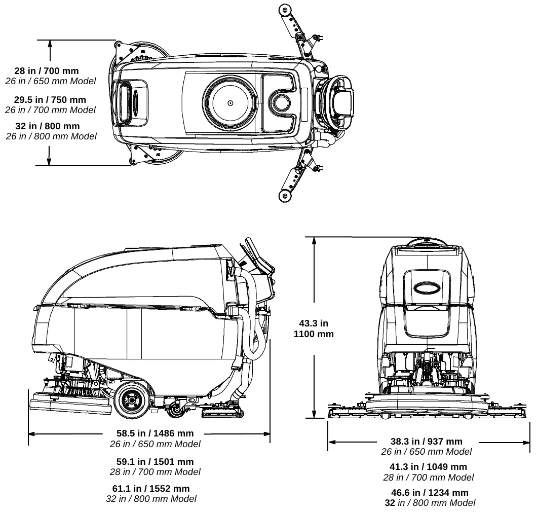 Dual disk model dimension drawings: top view showing width across the scrub head, side view showing length, and rear view showing height 43.3 in (1100 mm) and squeegee width