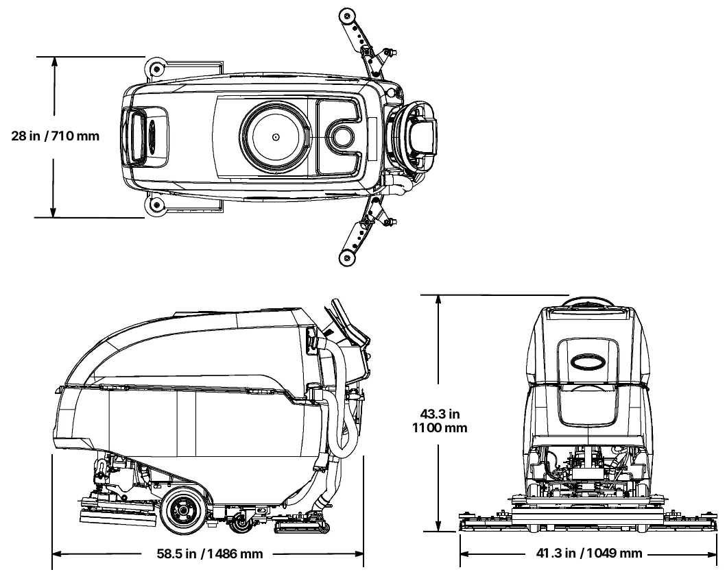 Orbital pad model dimension drawings: top view width 28 in (710 mm), side view length 58.5 in (1486 mm), rear view height 43.3 in (1100 mm) and squeegee width 41.3 in (1049 mm)