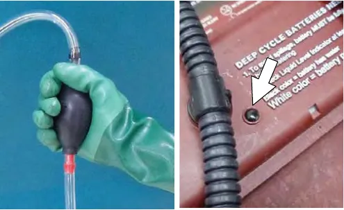 Squeezing the hand pump bulb, and a battery level indicator that has turned black