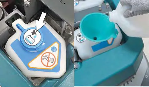 Filling the automatic battery watering tank with distilled water through a funnel