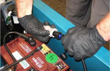 Gloved hands disconnecting the ABW hoses at the quick disconnect connector