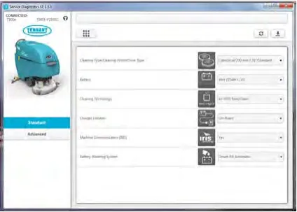 Service Diagnostics configuration screen with a drop-down menu for each machine option