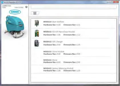 Service Diagnostics screen listing each control module with its hardware and firmware revision