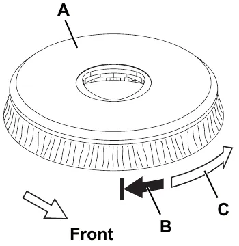 Fig. 7: brush/pad-holder A turned in direction B then direction C to release it, with the front of the machine marked