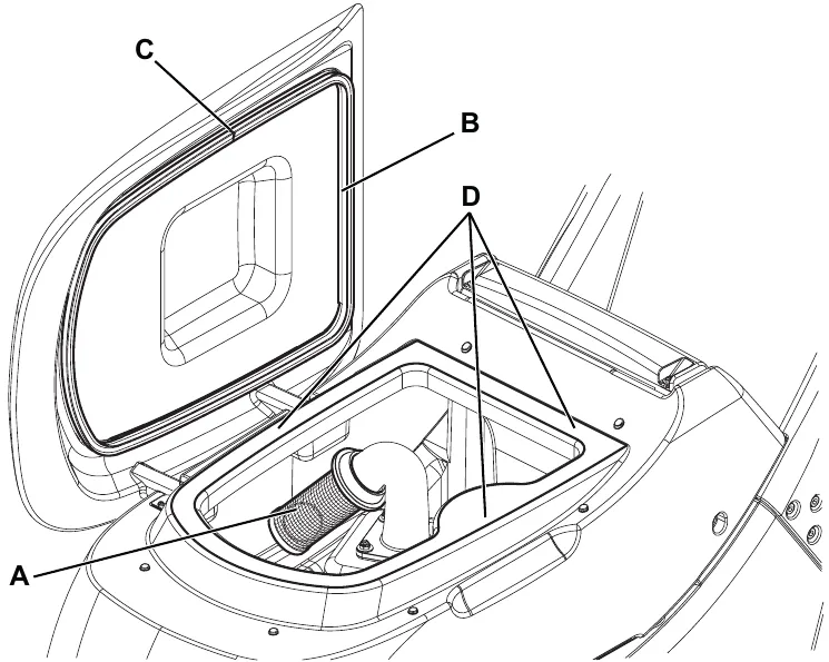 Fig. 8: open recovery tank cover with vacuum grid A, cover gasket B, gasket joint C and seating surface D