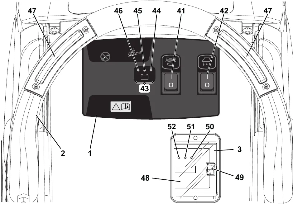 Control panel and battery charger window with numbered callouts: brush and vacuum switches 41 and 42, battery LEDs 44 to 46, push-buttons 47, charger lights 50 to 52 and selector 49