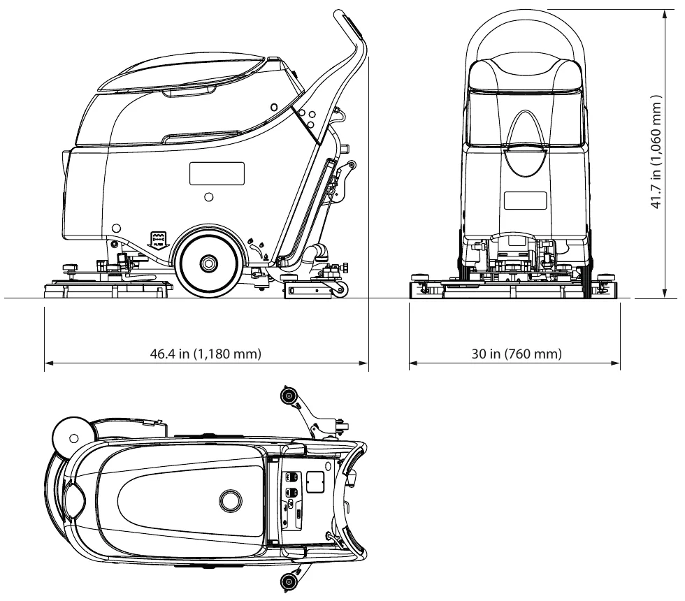 Three-view drawing of the SC450 showing overall length 46.4 in (1,180 mm), squeegee width 30 in (760 mm) and height 41.7 in (1,060 mm)