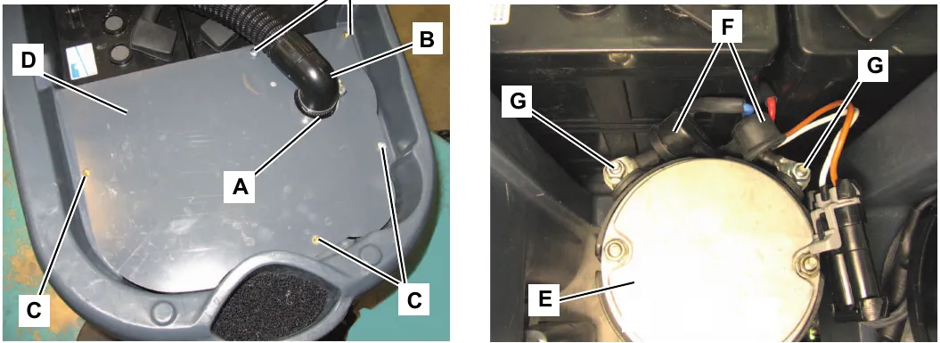 Left photo: cover D with screws C, fastener A and hose B; right photo: brush motor E with rubber caps F and electrical connections G