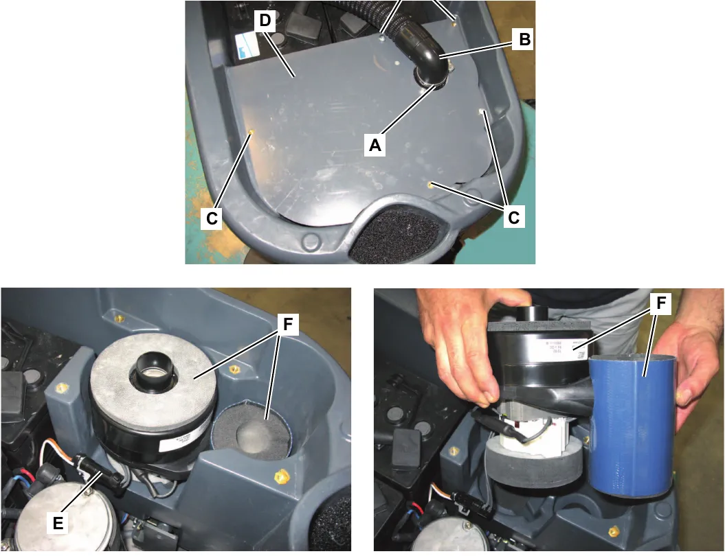 Vacuum system motor removal: cover D with screws C, fastener A and hose B, then connector E and motor F lifted out of the compartment