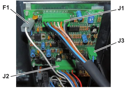 Photo of the function electronic board with connectors F1, J1, J2 and J3 labelled