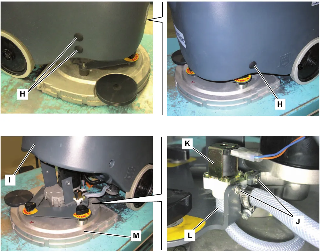 Brush deck removal: plugs H on the machine front sides, machine front I lifted, solution solenoid valve K with screws J and hose L, and brush deck M
