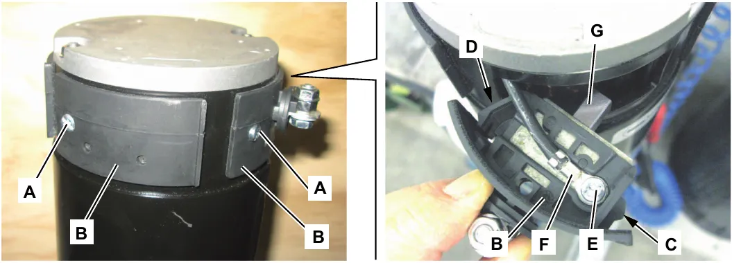 Brush motor on the workbench: carbon brush assemblies B held by screws A, and a close-up showing fasteners C and D, screw E, electrical connection F and carbon brush G