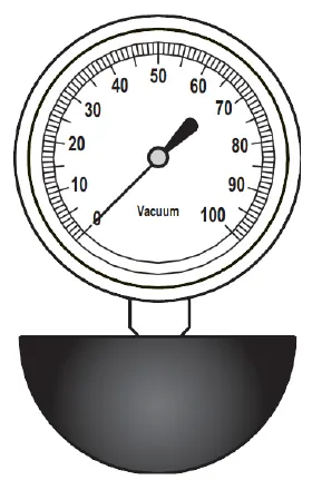 Vacuum water lift gauge with a dial from 0 to 100 and a rubber cup under it