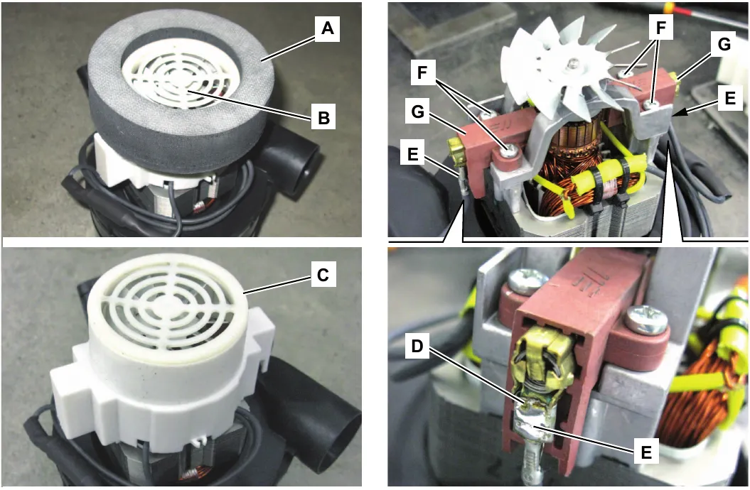 Vacuum system motor on the workbench: sealing ring A and motor B, fan cover C, and close-ups of the carbon brush area with screws F, carbon brushes G, lead-in wires E and soldering D
