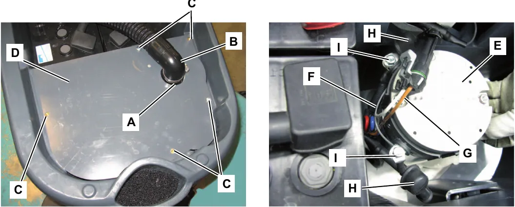 Left photo: cover D with screws C, fastener A and hose B; right photo: brush motor E with wiring harness G, clamp F, rubber caps H and electrical connections I