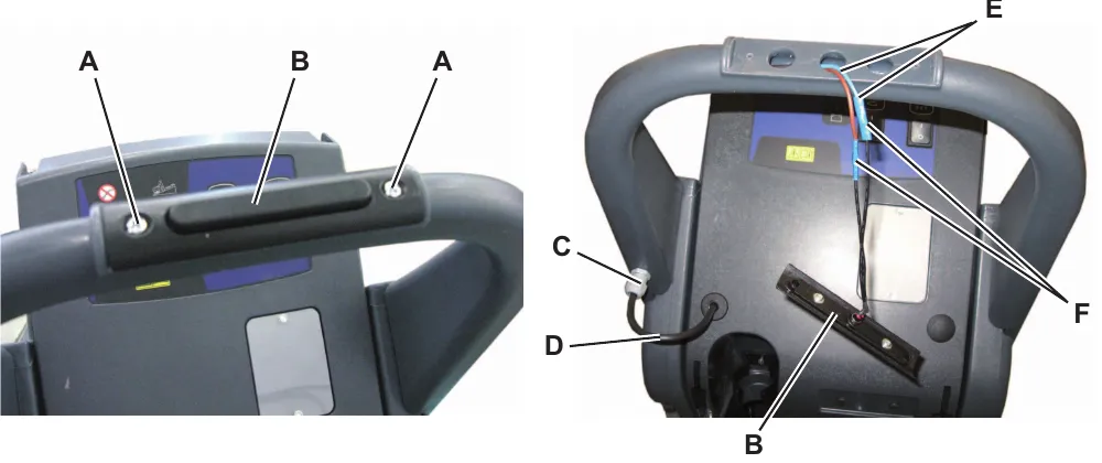 Old-version brush activation push-button: left photo shows push-button B held by two screws A; right photo shows the rear of the control panel with cables E, joints F, ring nut C, cable D and push-button B