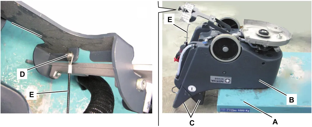 Machine overturned on a hoisting system A with the front and central side B resting on it and the rear side C free; close-up of the screw with nut D and the squeegee lifting cable E