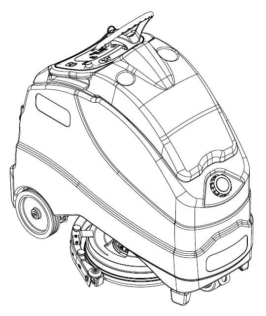 Line drawing of the Advance SC1500 ride-on battery floor scrubber seen from the front left